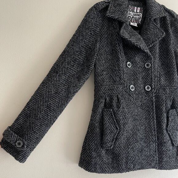 Billabong Tweed Pea Coat Jacket Womens Size XL Wool Blend Collared Black Pocket - Picture 16 of 16